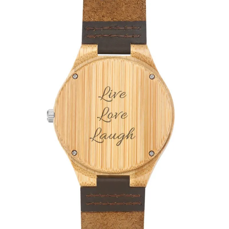 Men's Engraved Bamboo Photo Watch Brown Leather Strap 45mm 2