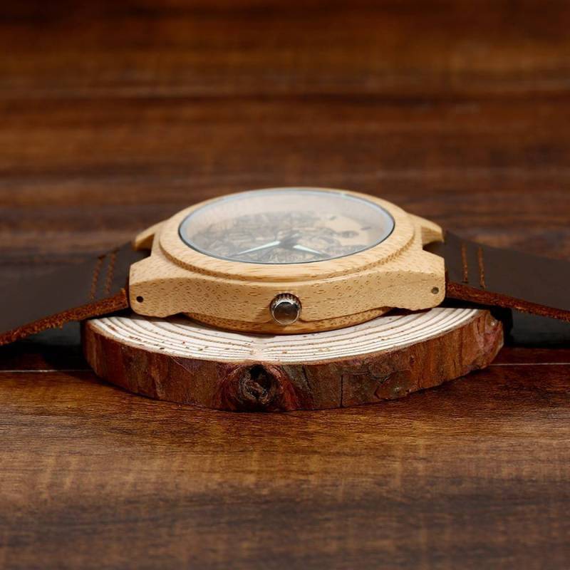 Men's Engraved Bamboo Photo Watch Brown Leather Strap 45mm 4