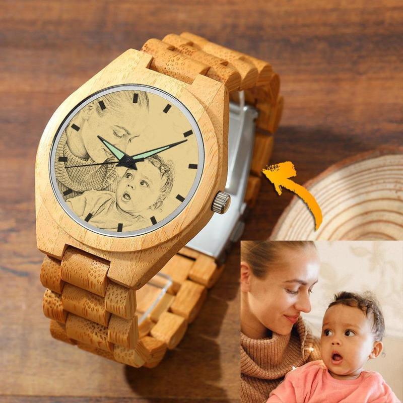 Men's Engraved Bamboo Photo Watch Wooden Strap 45mm