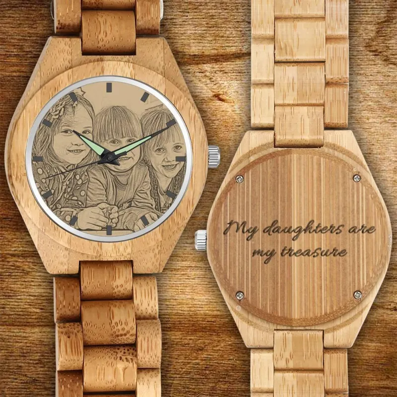 Men's Engraved Bamboo Photo Watch Wooden Strap 45mm 1