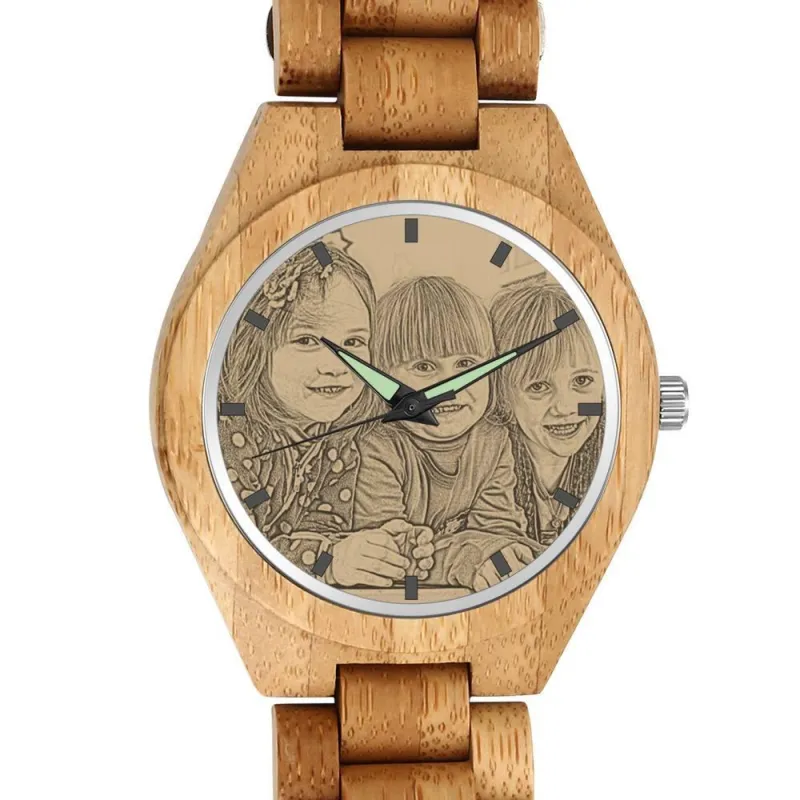 Men's Engraved Bamboo Photo Watch Wooden Strap 45mm 2