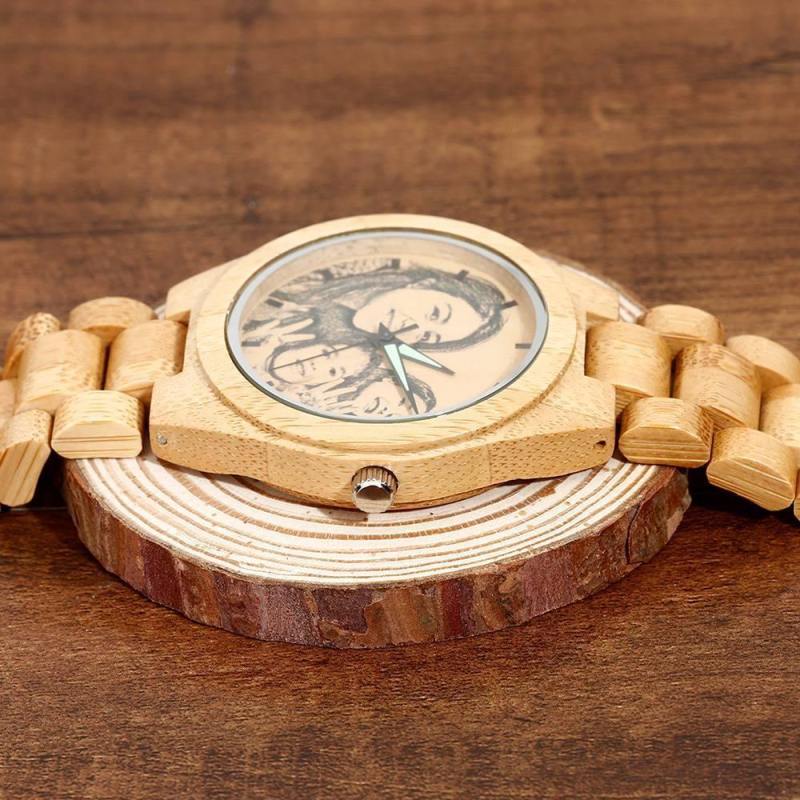 Men's Engraved Bamboo Photo Watch Wooden Strap 45mm 5