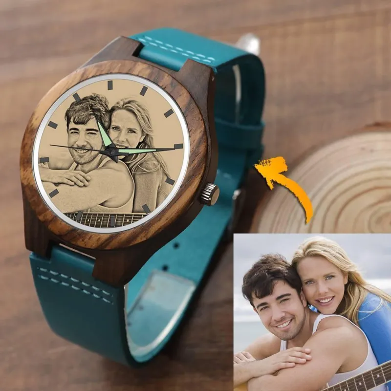 Men's Engraved Wooden Photo Watch Blue Leather Strap - Sandalwood