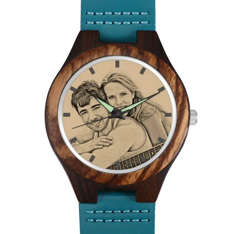 Men's Engraved Wooden Photo Watch Blue Leather Strap - Sandalwood 1