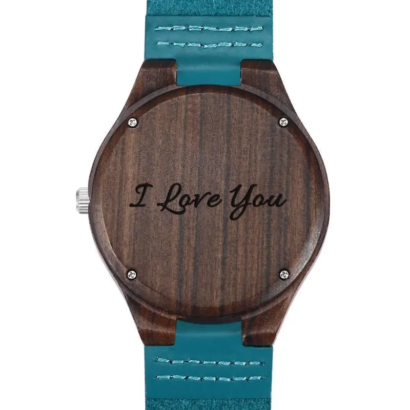 Men's Engraved Wooden Photo Watch Blue Leather Strap - Sandalwood 2