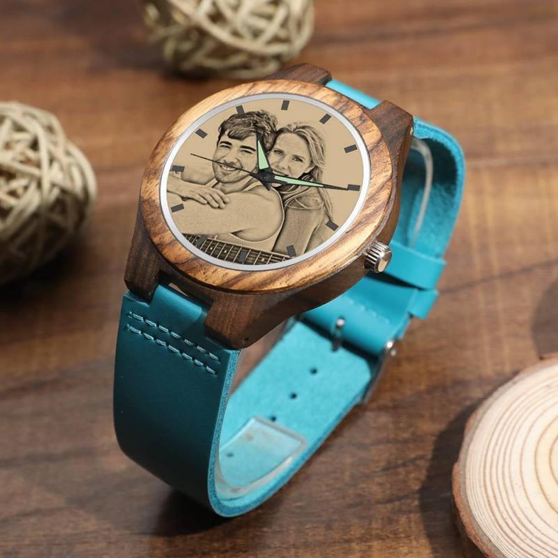 Men's Engraved Wooden Photo Watch Blue Leather Strap - Sandalwood 3