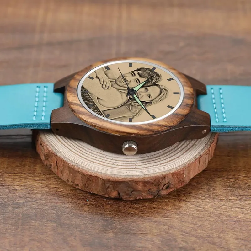 Men's Engraved Wooden Photo Watch Blue Leather Strap - Sandalwood 4