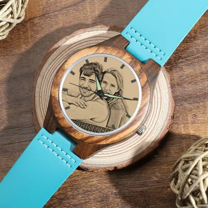 Men's Engraved Wooden Photo Watch Blue Leather Strap - Sandalwood 5