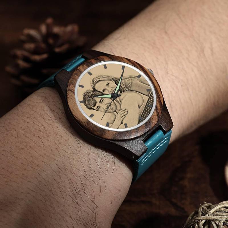 Men's Engraved Wooden Photo Watch Blue Leather Strap - Sandalwood 6