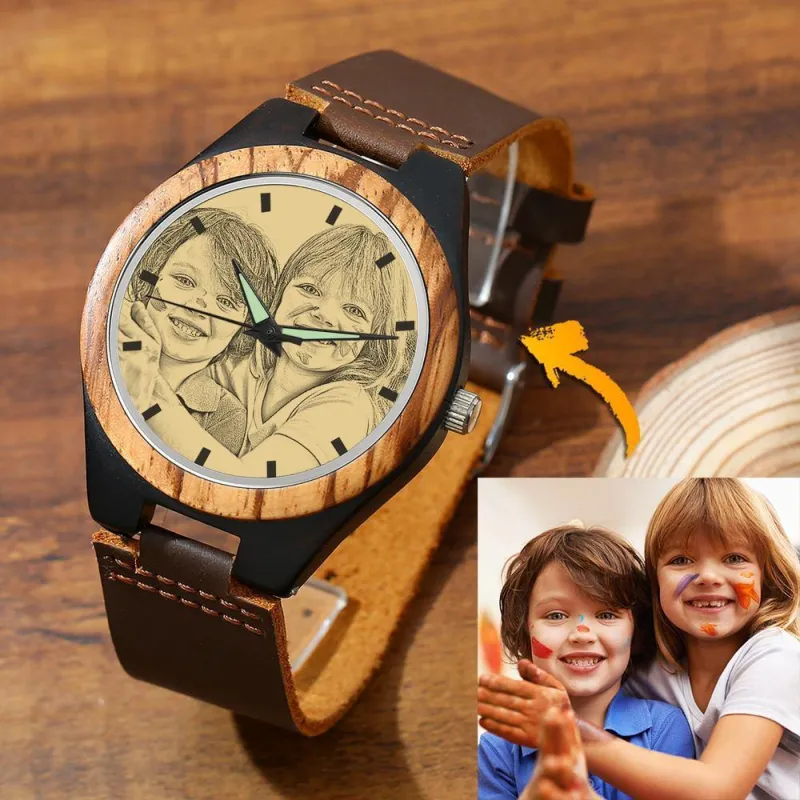 Men's Engraved Wooden Photo Watch Brown Leather Strap 45mm