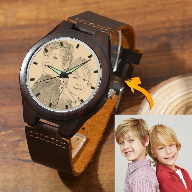 Men's Engraved Wooden Photo Watch Brown Leather Strap 45mm