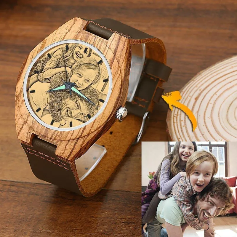 Men's Engraved Wooden Photo Watch Brown Leather Strap 45mm