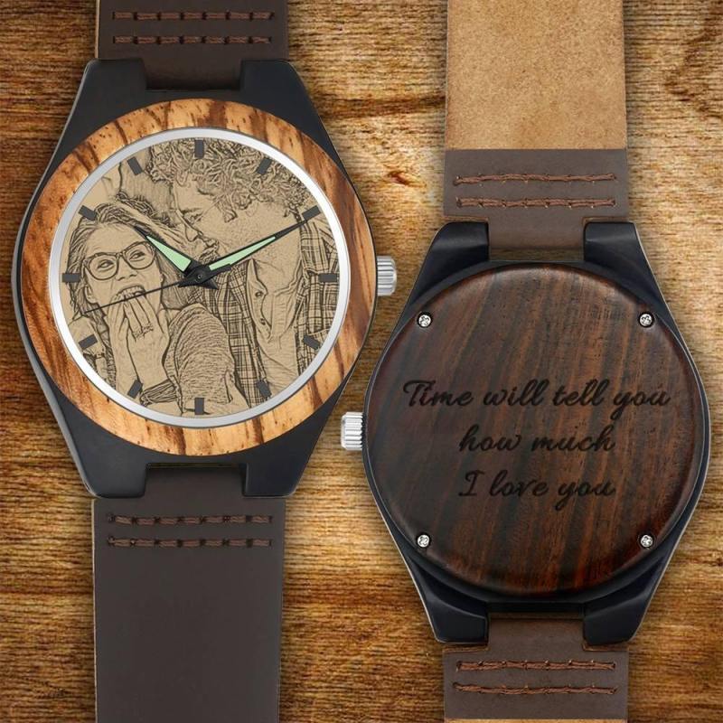 Men's Engraved Wooden Photo Watch Brown Leather Strap 45mm 1