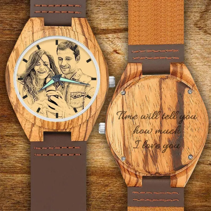 Men's Engraved Wooden Photo Watch Brown Leather Strap 45mm 1