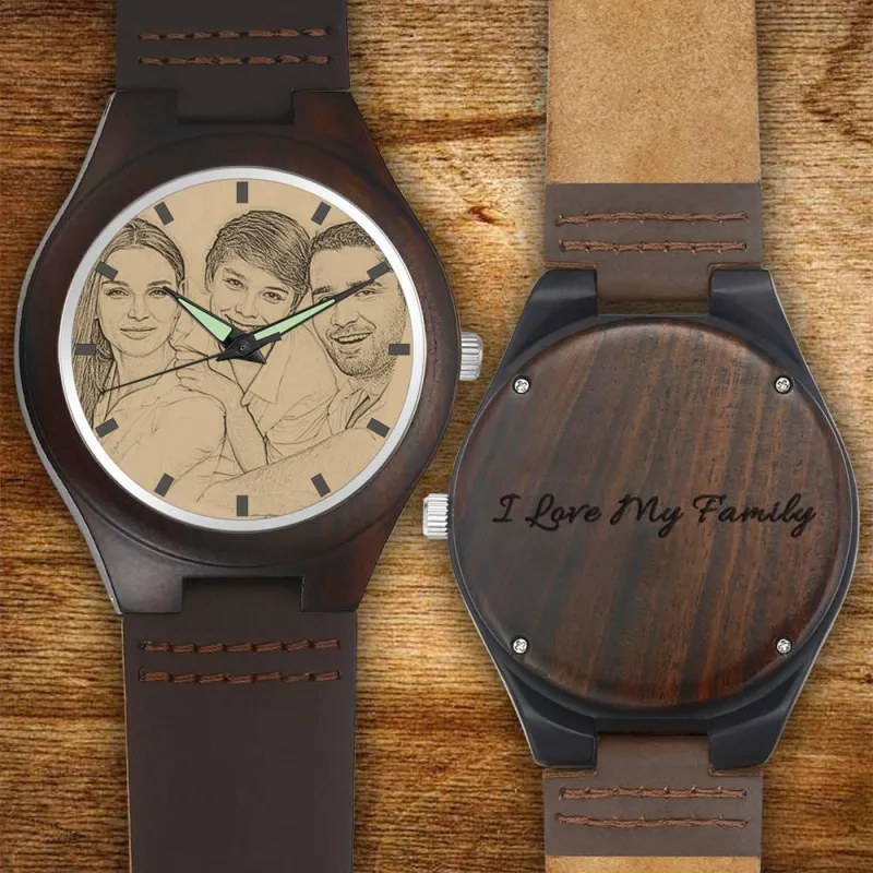 Men's Engraved Wooden Photo Watch Brown Leather Strap 45mm 1