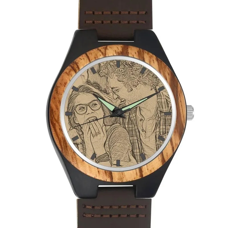 Men's Engraved Wooden Photo Watch Brown Leather Strap 45mm 2