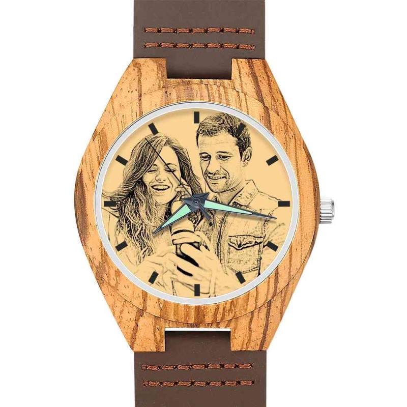 Men's Engraved Wooden Photo Watch Brown Leather Strap 45mm 2