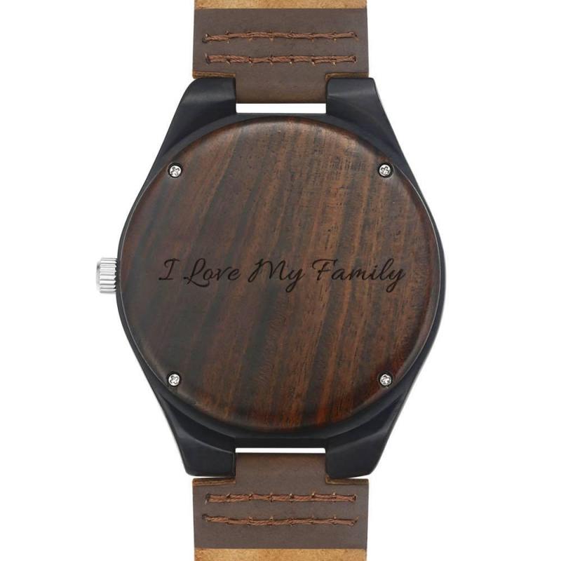 Men's Engraved Wooden Photo Watch Brown Leather Strap 45mm 3