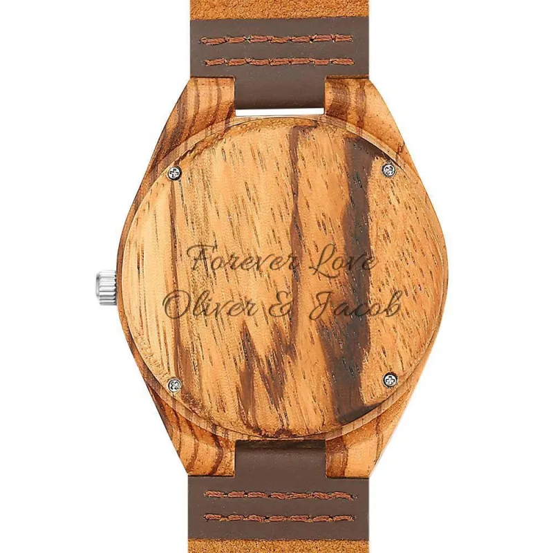 Men's Engraved Wooden Photo Watch Brown Leather Strap 45mm 3