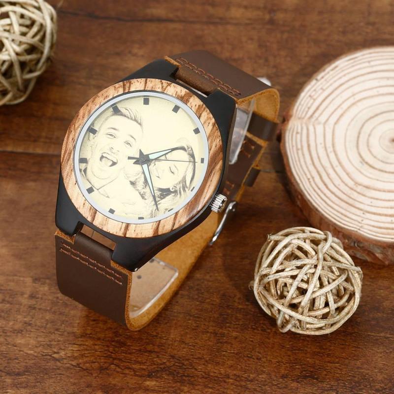 Men's Engraved Wooden Photo Watch Brown Leather Strap 45mm 4