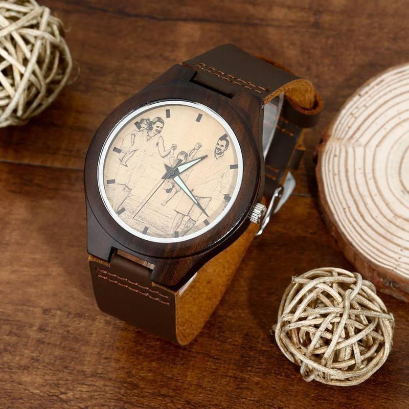 Men's Engraved Wooden Photo Watch Brown Leather Strap 45mm 4