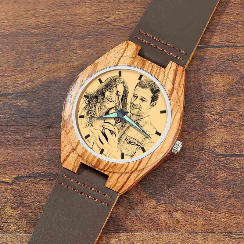 Men's Engraved Wooden Photo Watch Brown Leather Strap 45mm 4