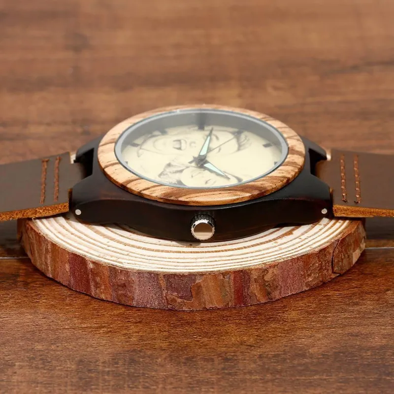 Men's Engraved Wooden Photo Watch Brown Leather Strap 45mm 5