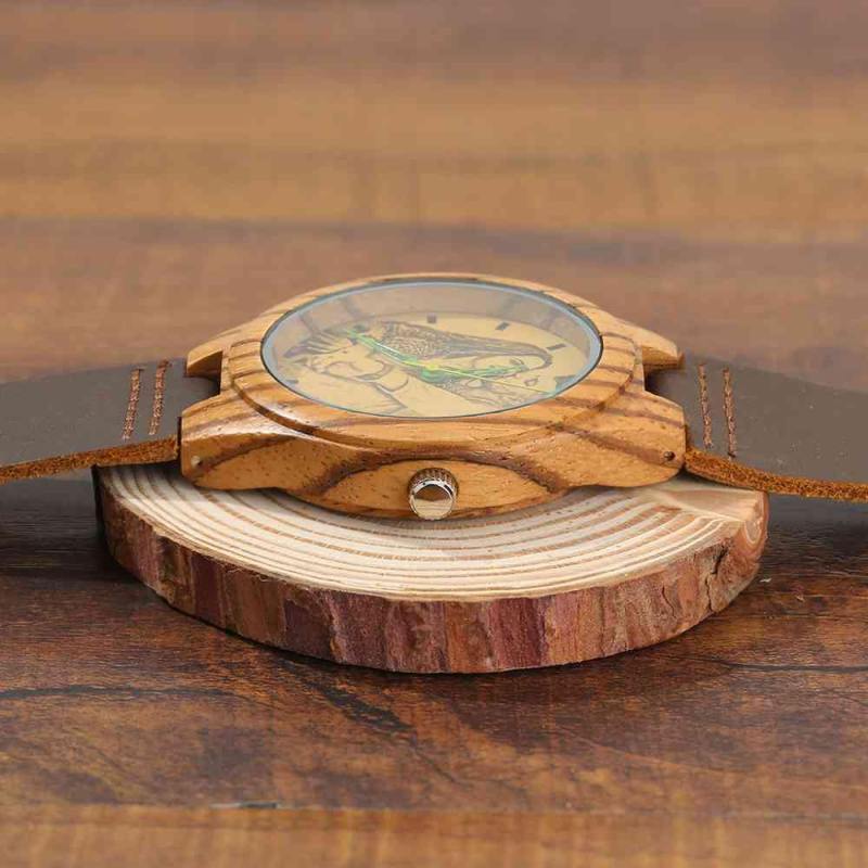 Men's Engraved Wooden Photo Watch Brown Leather Strap 45mm 5