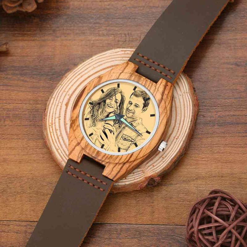 Men's Engraved Wooden Photo Watch Brown Leather Strap 45mm 6