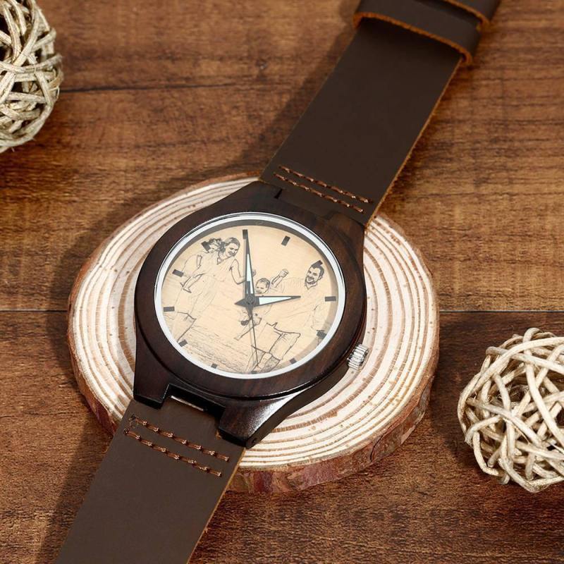 Men's Engraved Wooden Photo Watch Brown Leather Strap 45mm 6