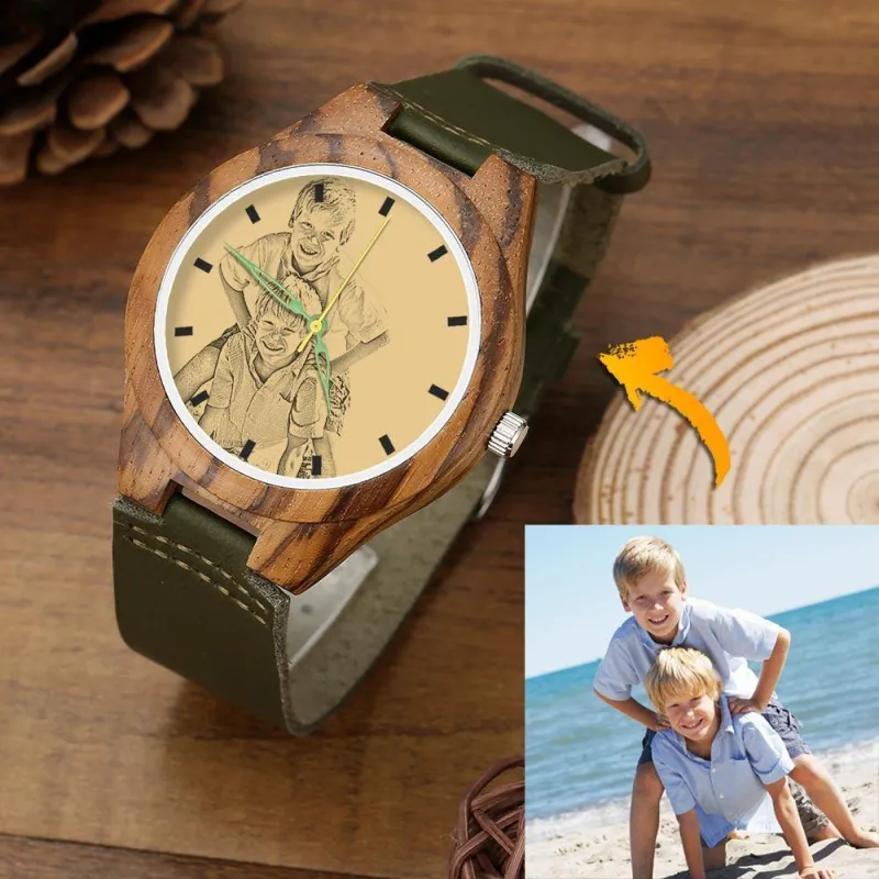 Men's Engraved Wooden Photo Watch Dark Green Leather Strap 45mm