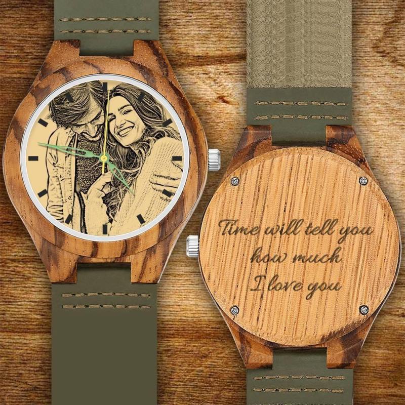 Men's Engraved Wooden Photo Watch Dark Green Leather Strap 45mm 1