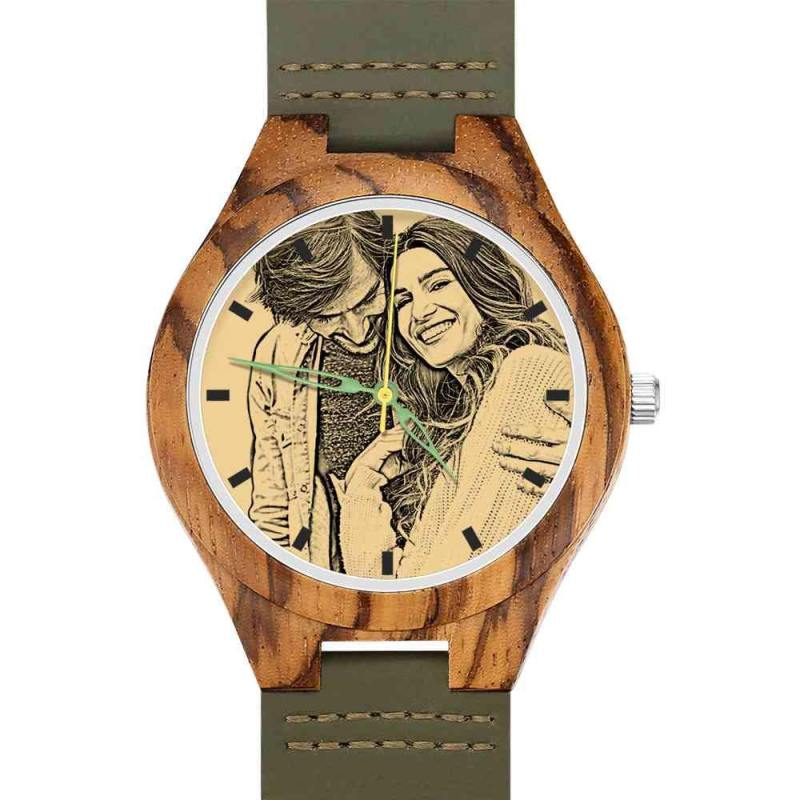 Men's Engraved Wooden Photo Watch Dark Green Leather Strap 45mm 2