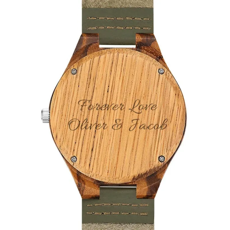 Men's Engraved Wooden Photo Watch Dark Green Leather Strap 45mm 3