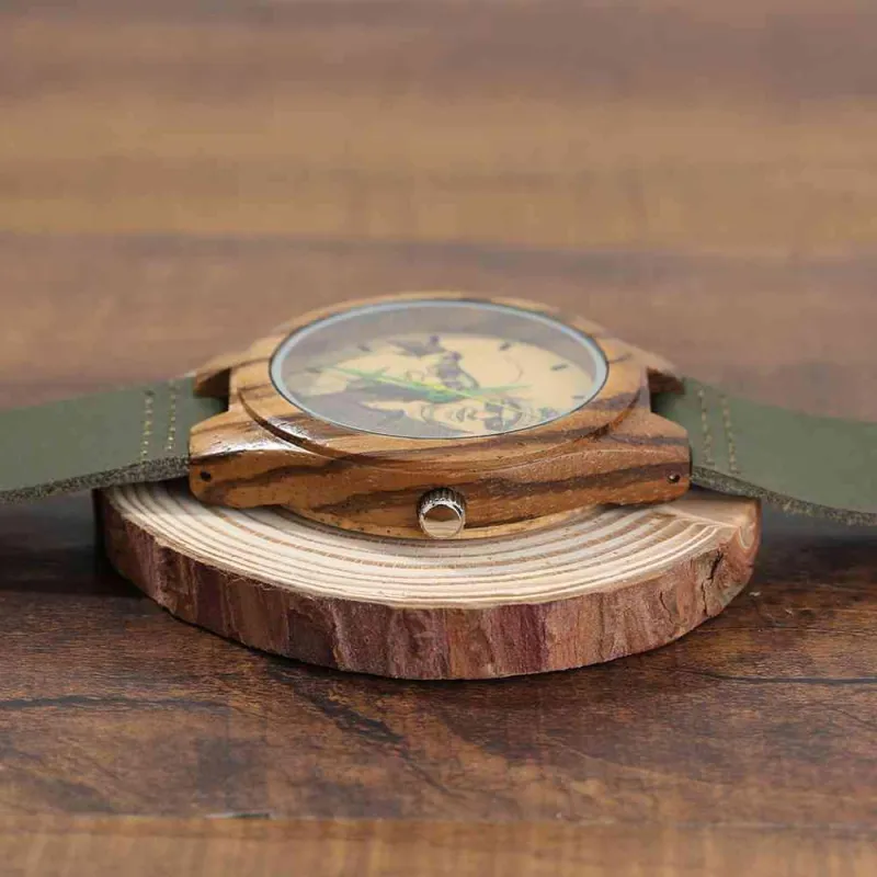 Men's Engraved Wooden Photo Watch Dark Green Leather Strap 45mm 5