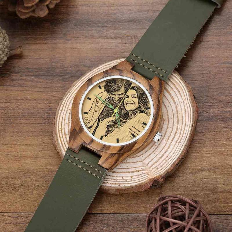 Men's Engraved Wooden Photo Watch Dark Green Leather Strap 45mm 6