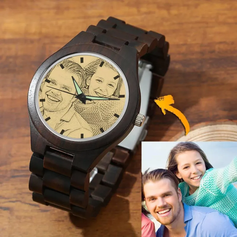 Men's Engraved Wooden Photo Watch Wooden Strap 45mm