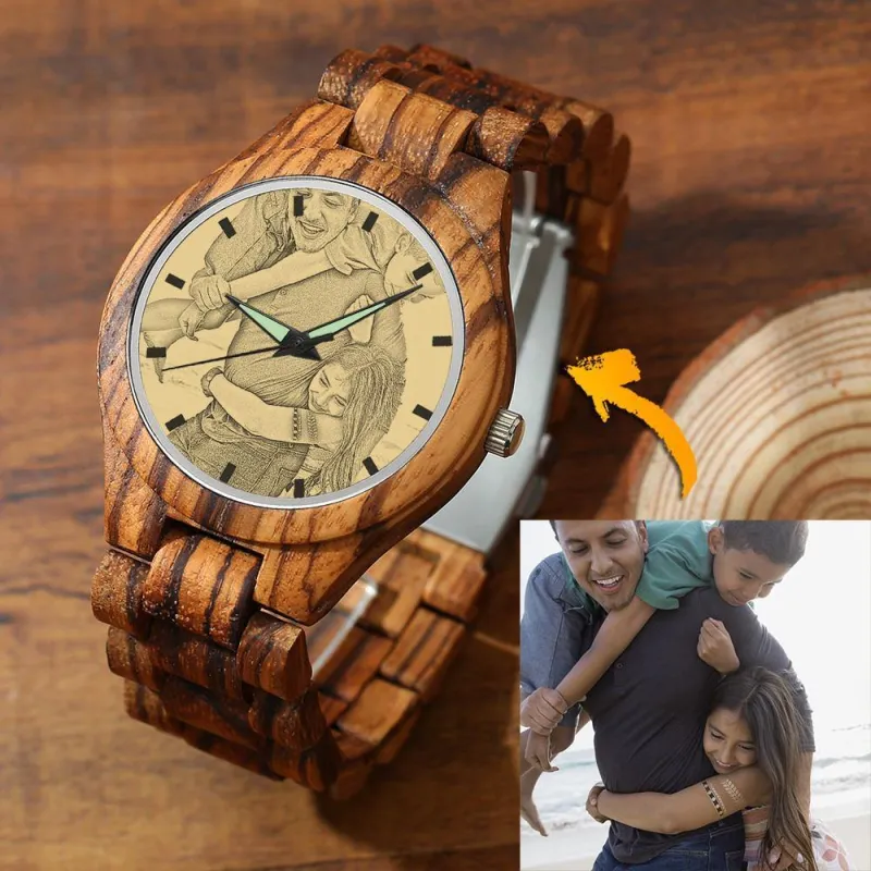 Men's Engraved Wooden Photo Watch Wooden Strap 45mm