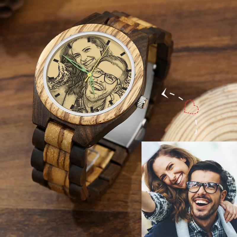 Men's Engraved Wooden Photo Watch Wooden Strap 45mm