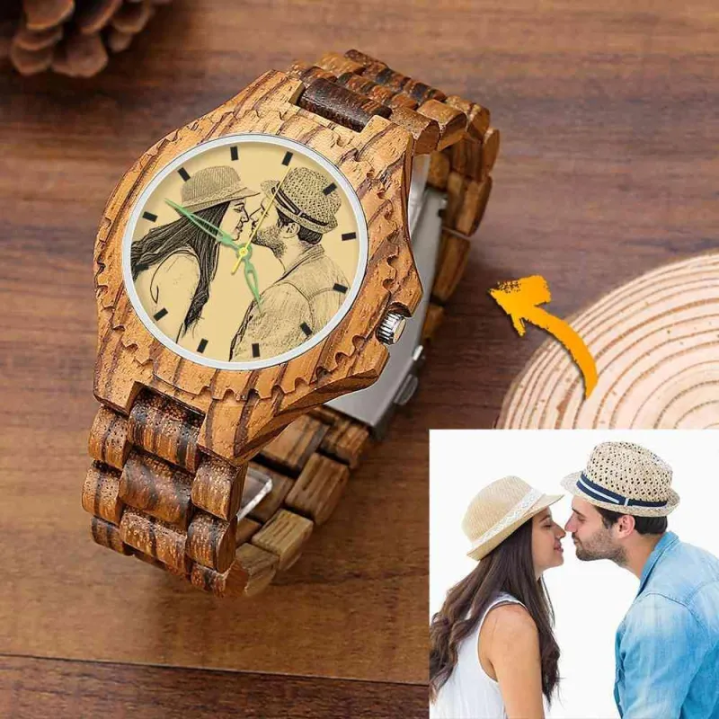 Men's Engraved Wooden Photo Watch Wooden Strap 45mm