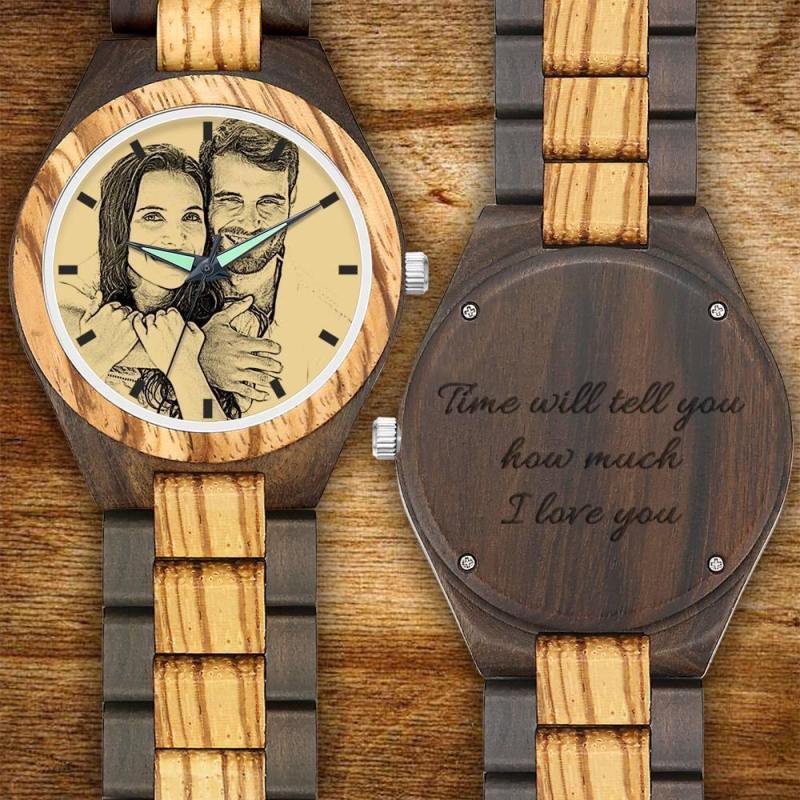 Men's Engraved Wooden Photo Watch Wooden Strap 45mm 1