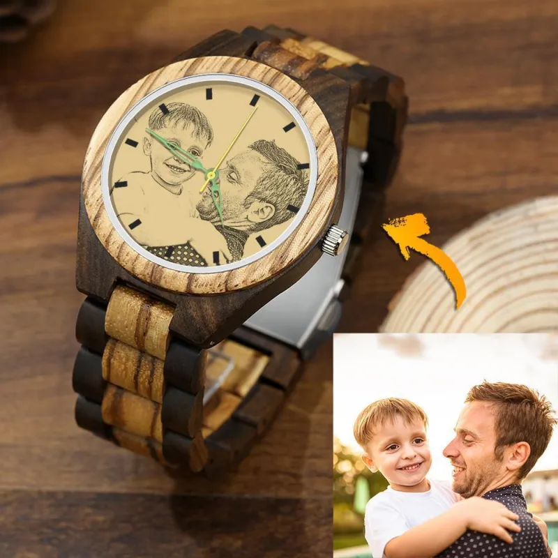 Men's Engraved Wooden Photo Watch Wooden Strap 45mm 1