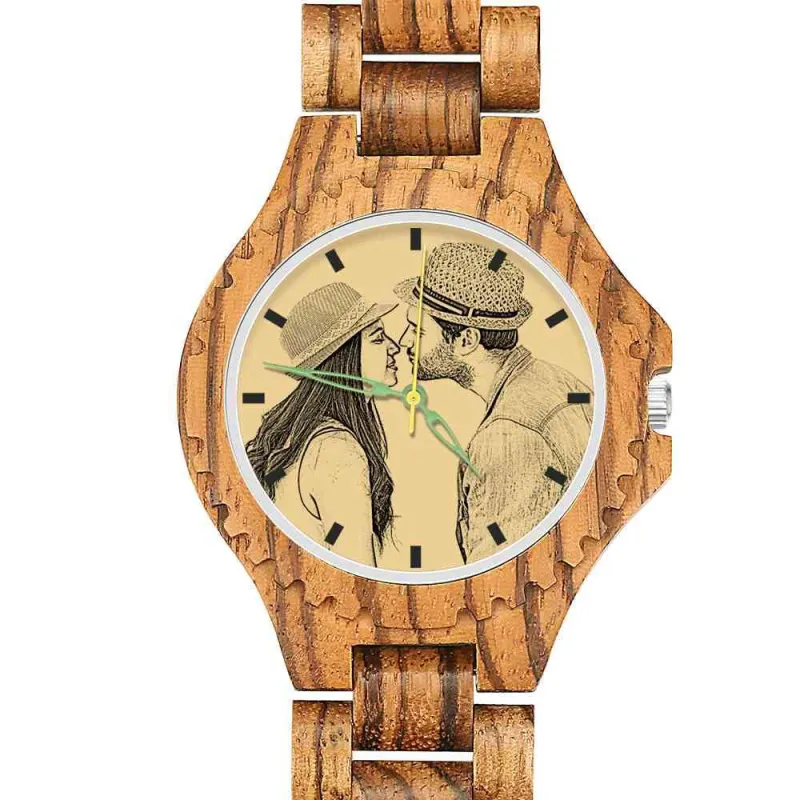 Men's Engraved Wooden Photo Watch Wooden Strap 45mm 1