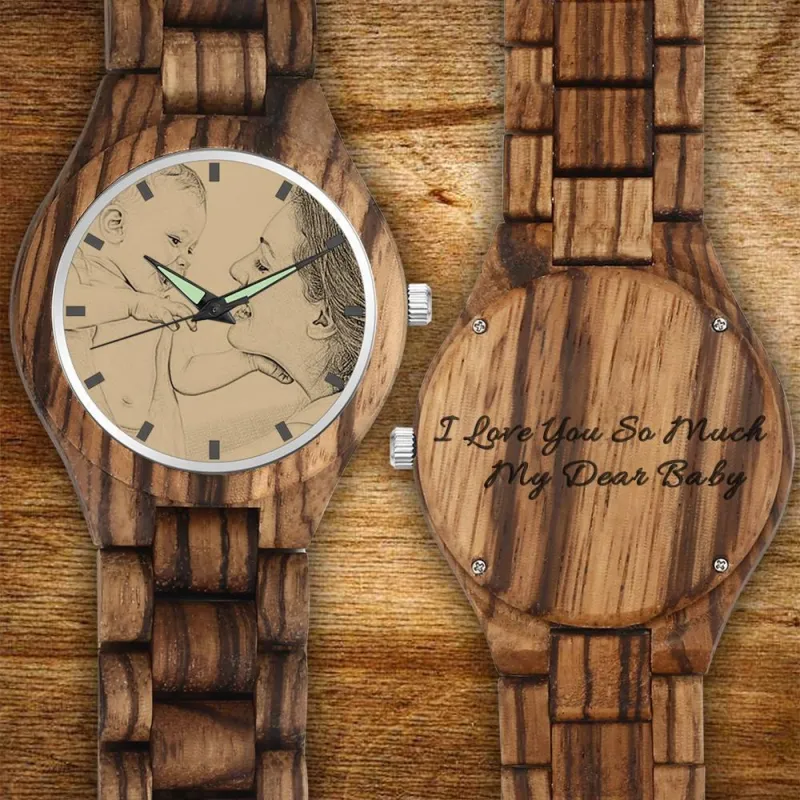 Men's Engraved Wooden Photo Watch Wooden Strap 45mm 1