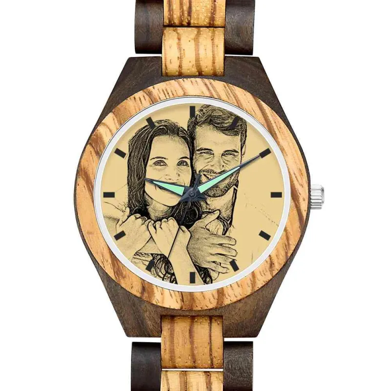 Men's Engraved Wooden Photo Watch Wooden Strap 45mm 2