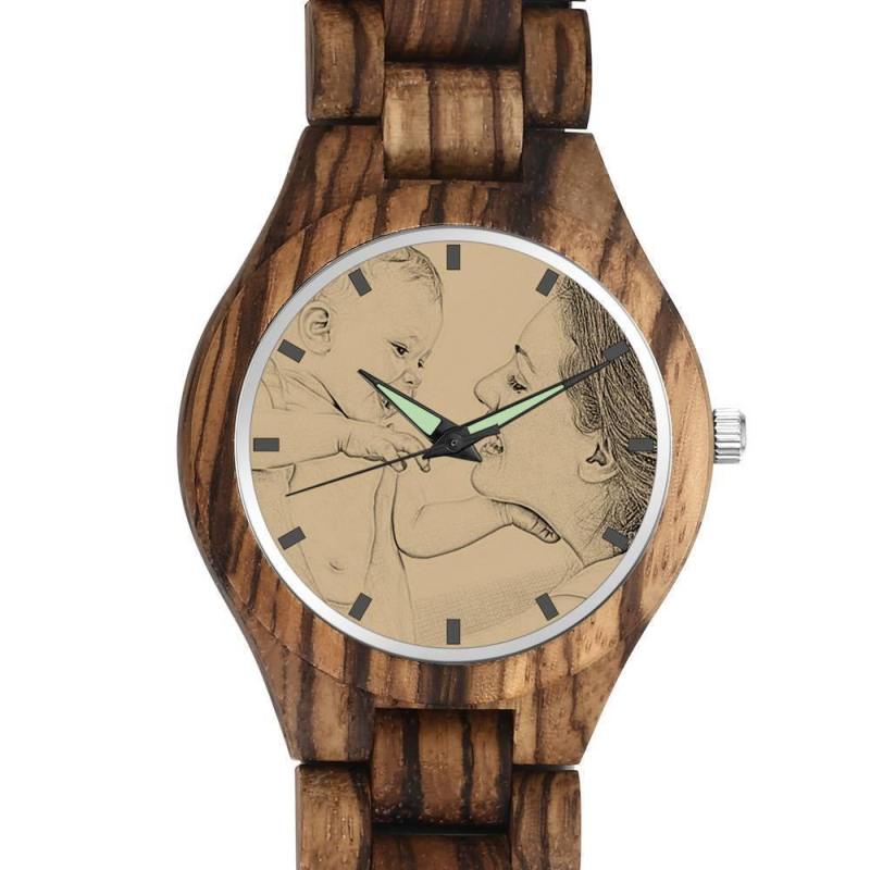 Men's Engraved Wooden Photo Watch Wooden Strap 45mm 2