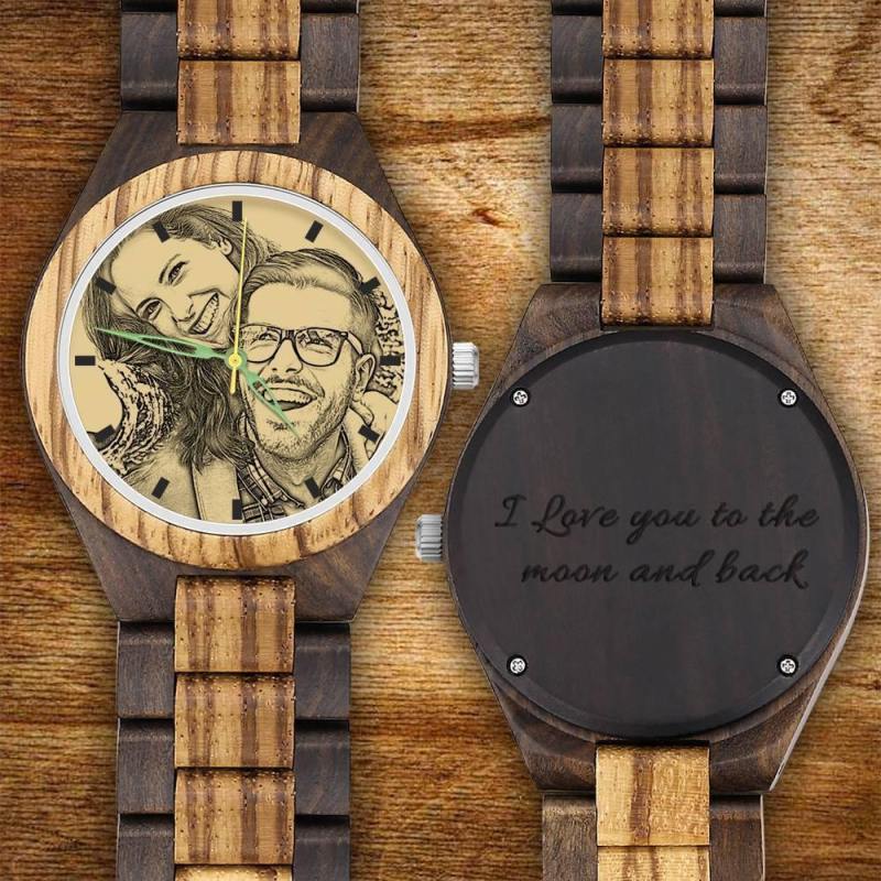 Men's Engraved Wooden Photo Watch Wooden Strap 45mm 2