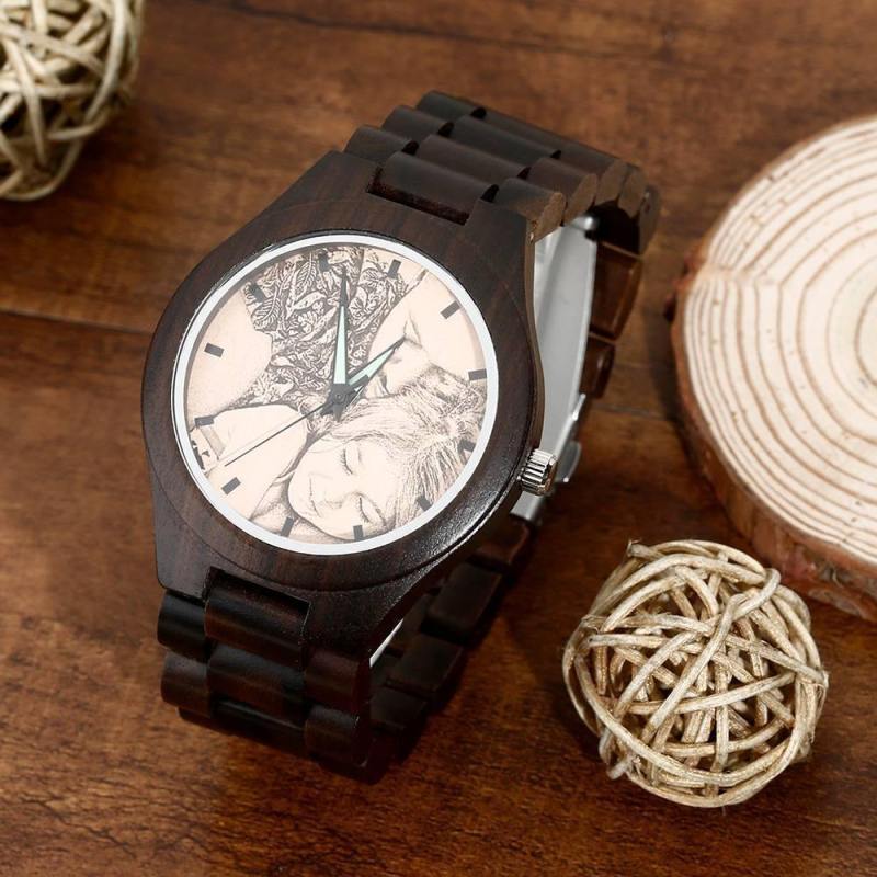 Men's Engraved Wooden Photo Watch Wooden Strap 45mm 3