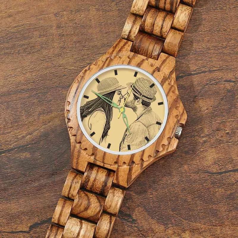 Men's Engraved Wooden Photo Watch Wooden Strap 45mm 3