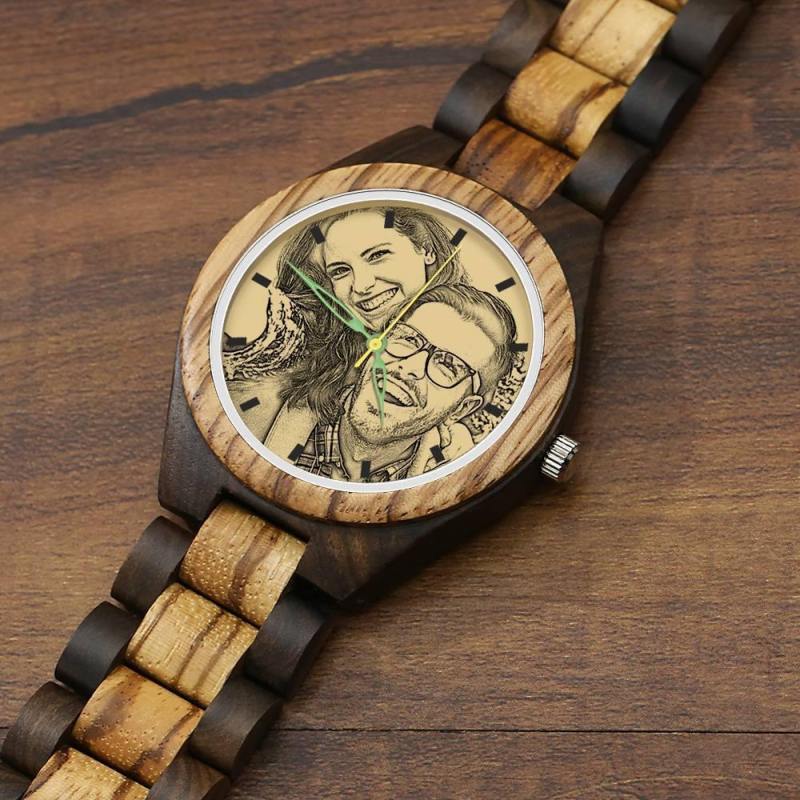 Men's Engraved Wooden Photo Watch Wooden Strap 45mm 3